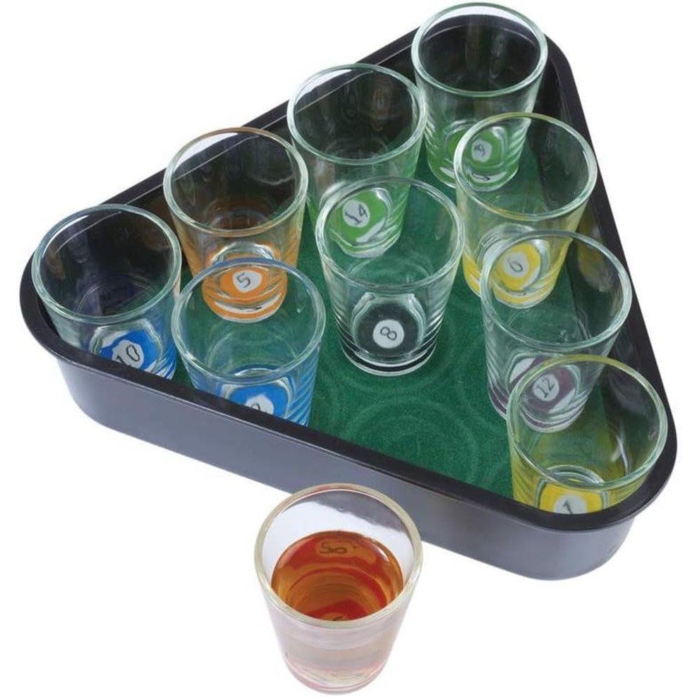 Set 10 pahare de shot , cu Suport de Biliard, 30 ml, din sticla, 10 x 10 cm, multicolor