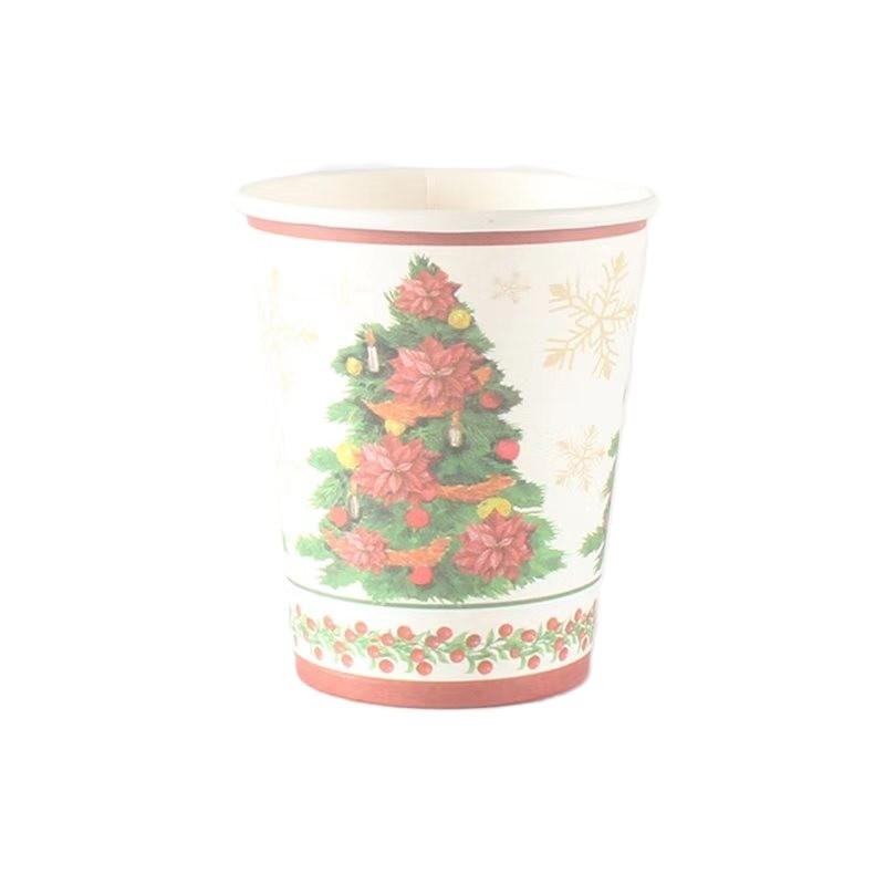 Set 10 Pahare, , Imprimeu Brad de Craciun, din Carton, 250 - 300 ml, 7.5 x 8.4 x 5.3 cm, Multicolor