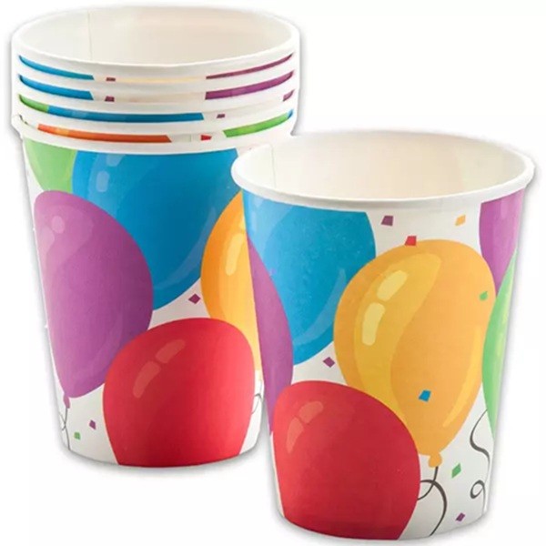 Set 10 Pahare, , Imprimeu cu Baloane, din Carton, 250 ml, 7.5 x 8.5 x 5.2 cm, Multicolor - imagine 2