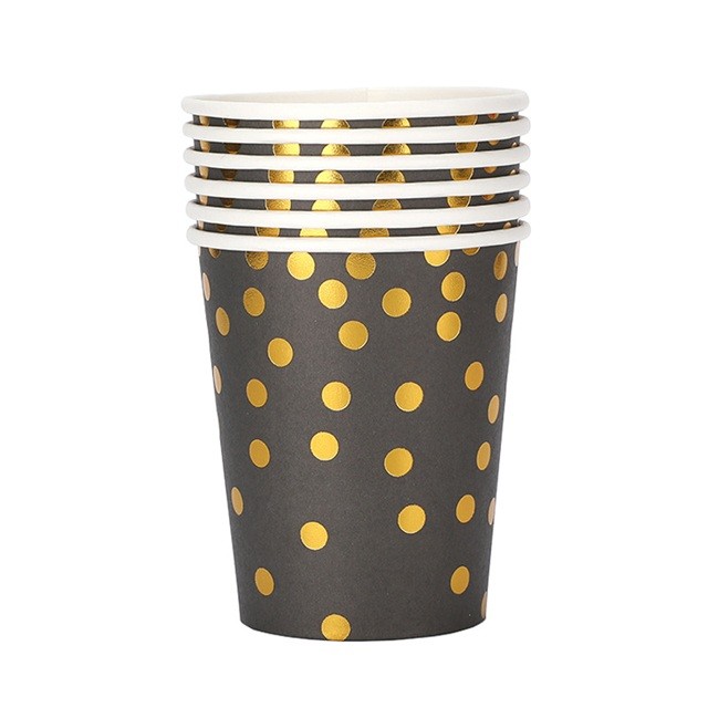 Set 10 Pahare, , Imprimeu cu Buline, din Carton, 250 ml, 7.5 x 8.5 x 5.2 cm, Negru/Auriu