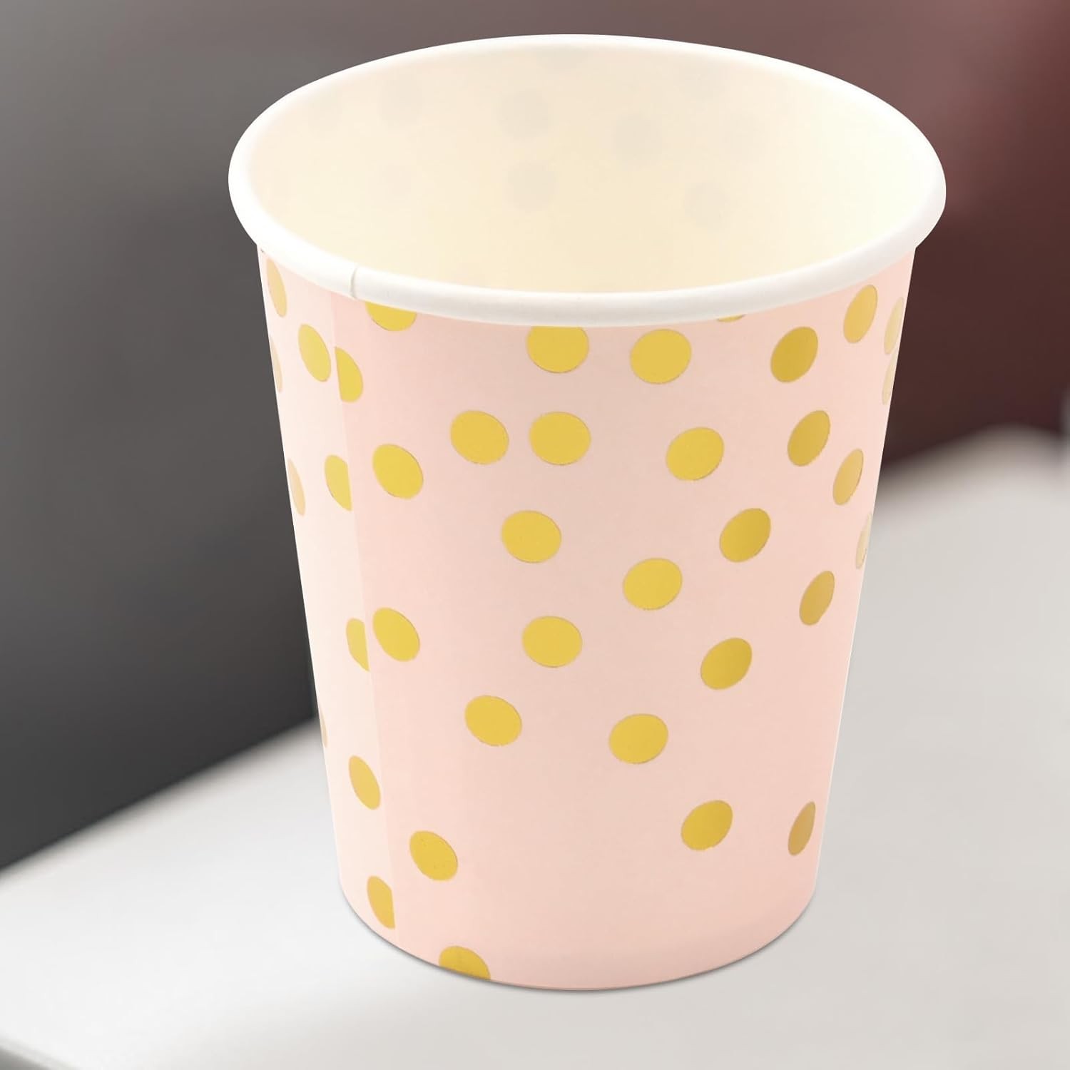 Set 10 Pahare, , Imprimeu cu Buline, din Carton, 250 ml, 7.5 x 8.5 x 5.2 cm, Roz/Auriu - imagine 4