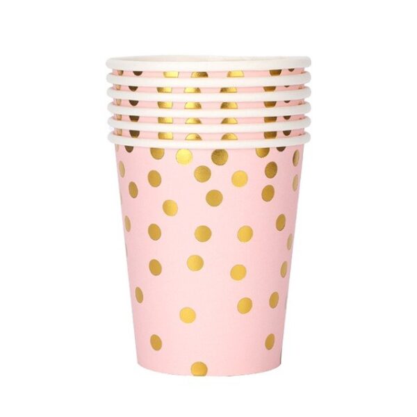 Set 10 Pahare, , Imprimeu cu Buline, din Carton, 250 ml, 7.5 x 8.5 x 5.2 cm, Roz/Auriu