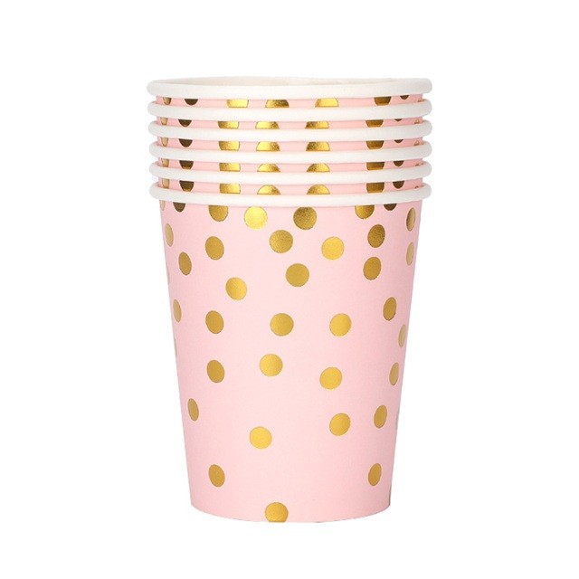 Set 10 Pahare, , Imprimeu cu Buline, din Carton, 250 ml, 7.5 x 8.5 x 5.2 cm, Roz/Auriu