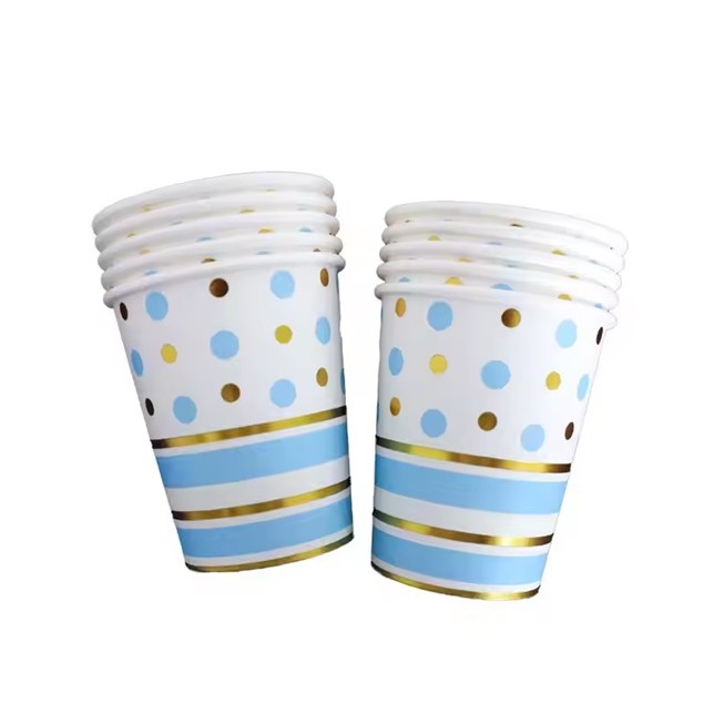 Set 10 Pahare, , Imprimeu cu Buline si Dungi, din Carton, 250 ml, 7.5 x 8.5 x 5.2 cm, Albastru/Auriu - imagine 2