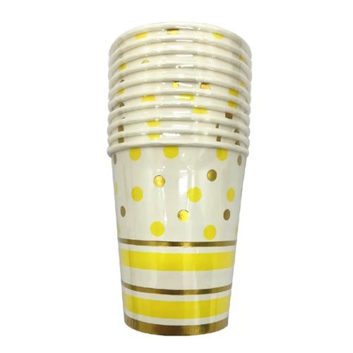 Set 10 Pahare, , Imprimeu cu Buline si Dungi, din Carton, 250 ml, 7.5 x 8.5 x 5.2 cm, Galben/Auriu - imagine 4