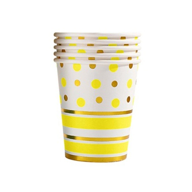 Set 10 Pahare, , Imprimeu cu Buline si Dungi, din Carton, 250 ml, 7.5 x 8.5 x 5.2 cm, Galben/Auriu