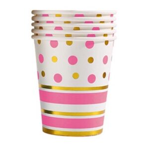 Set 10 Pahare, , Imprimeu cu Buline si Dungi, din Carton, 250 ml, 7.5 x 8.5 x 5.2 cm, Roz/Auriu