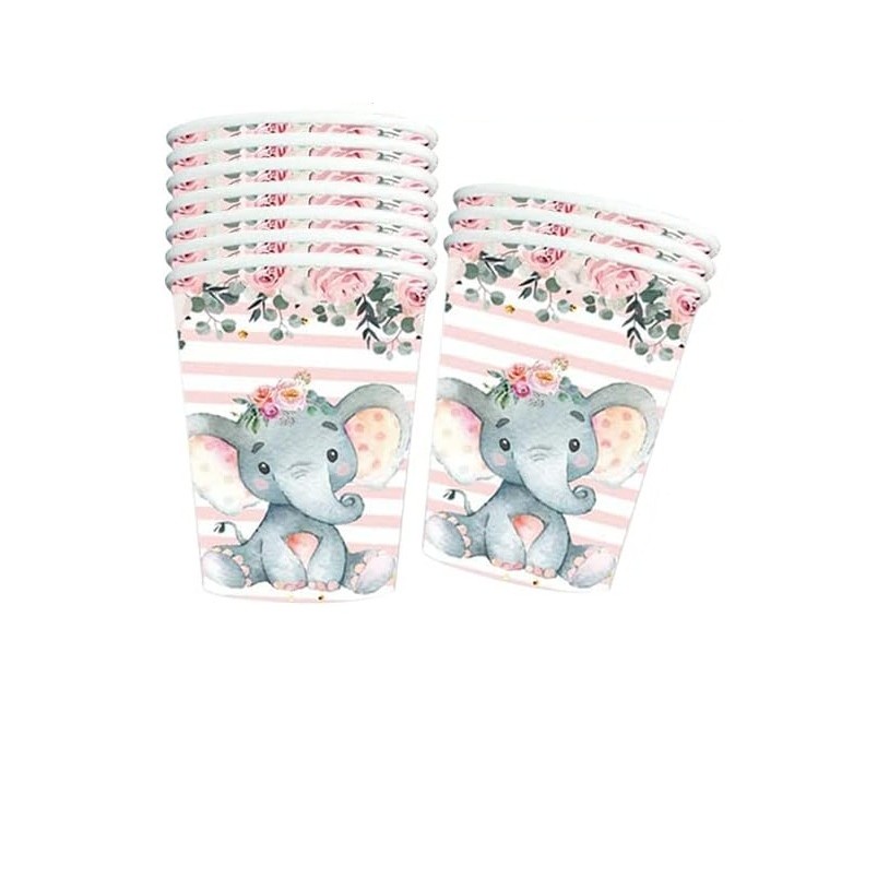 Set 10 Pahare, , Imprimeu Elefant, din Carton, 7.5 x 8.5 cm, Roz - imagine 2