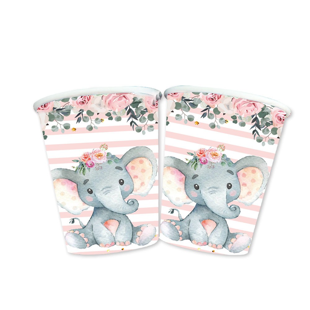 Set 10 Pahare, , Imprimeu Elefant, din Carton, 7.5 x 8.5 cm, Roz - imagine 4
