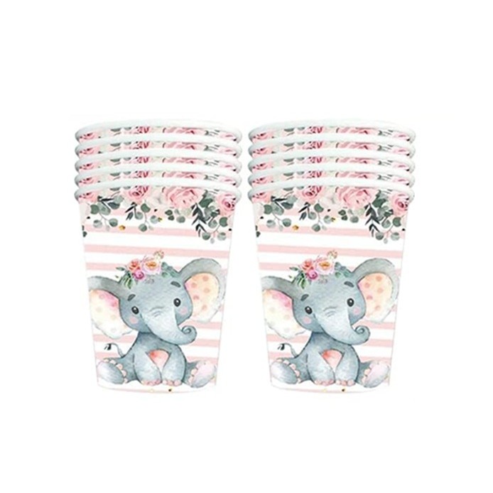 Set 10 Pahare, , Imprimeu Elefant, din Carton, 7.5 x 8.5 cm, Roz
