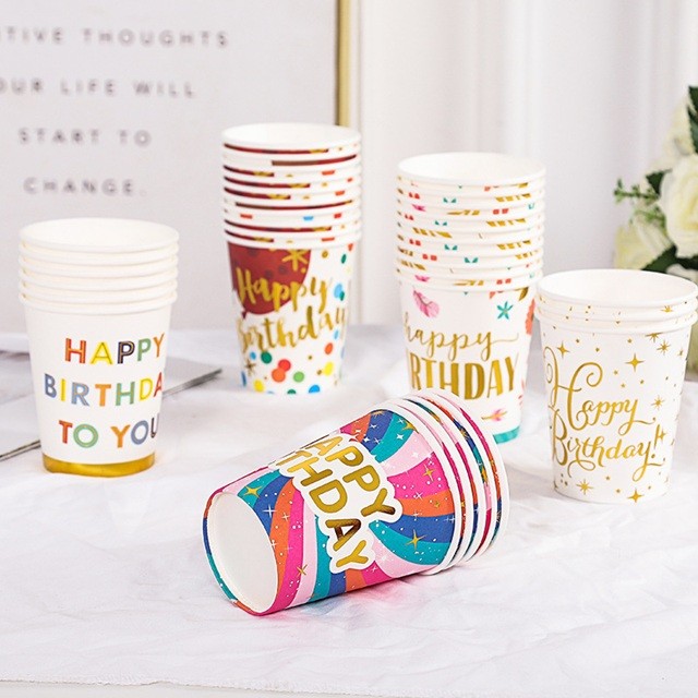 Set 10 Pahare, , Imprimeu Happy Birthday Baloane, din Carton, 250 ml, 7.5 x 8.5 x 5.2 cm, Multicolor - imagine 2