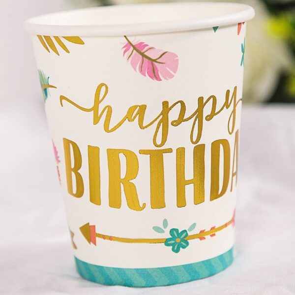 Set 10 Pahare, , Imprimeu Happy Birthday Gold, din Carton, 250 ml, 7.5 x 8.5 x 5.2 cm, Multicolor - imagine 3