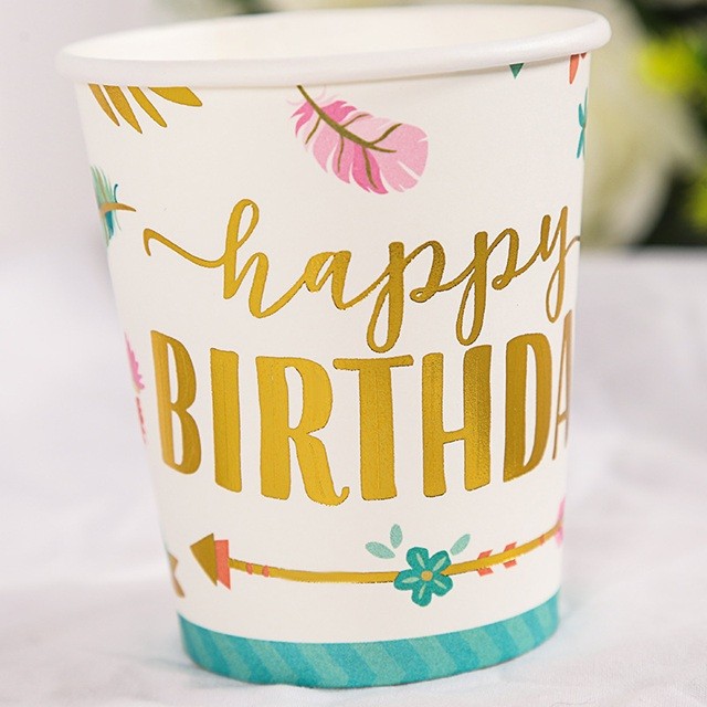 Set 10 Pahare, , Imprimeu Happy Birthday Gold, din Carton, 250 ml, 7.5 x 8.5 x 5.2 cm, Multicolor - imagine 3