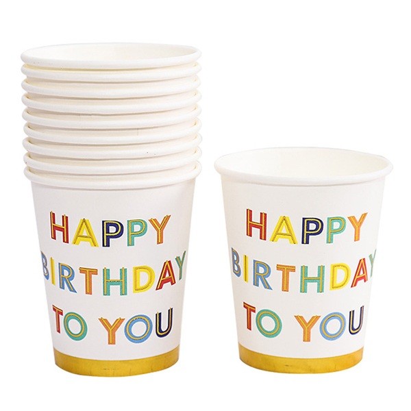 Set 10 Pahare, , Imprimeu Happy Birthday to You, din Carton, 250 ml, 7.5 x 8.5 x 5.2 cm, Multicolor