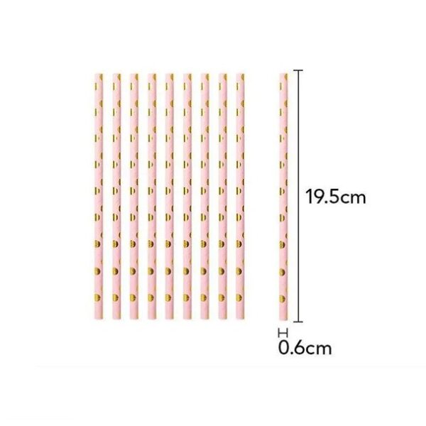 Set 10 Paie, , din Hartie, 19.5 cm, Model cu Buline Aurii, Roz - imagine 4