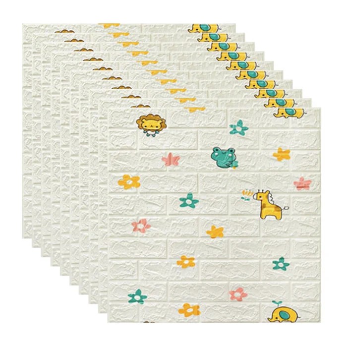 Set 10 Placi Tapet 3D, , 70 x 77 cm, Grosime 3 mm, din Polietilena, Tip Caramida, Model Animalute si Floricele, Suprafata acoperita 5.3 mp, Alb - imagine 4