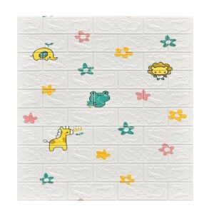 Set 10 Placi Tapet 3D, , 70 x 77 cm, Grosime 3 mm, din Polietilena, Tip Caramida, Model Animalute si Floricele, Suprafata acoperita 5.3 mp, Alb
