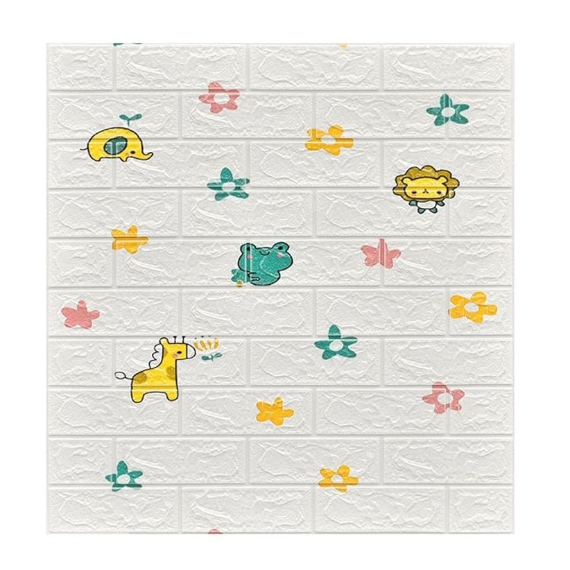 Set 10 Placi Tapet 3D, , 70 x 77 cm, Grosime 3 mm, din Polietilena, Tip Caramida, Model Animalute si Floricele, Suprafata acoperita 5.3 mp, Alb