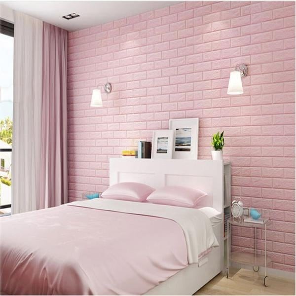 Set 10 Placi Tapet 3D, , 70 x 77 cm, Grosime 3 mm, din Polietilena, Model Caramida, Suprafata acoperita 5.3 mp, Roz - imagine 2