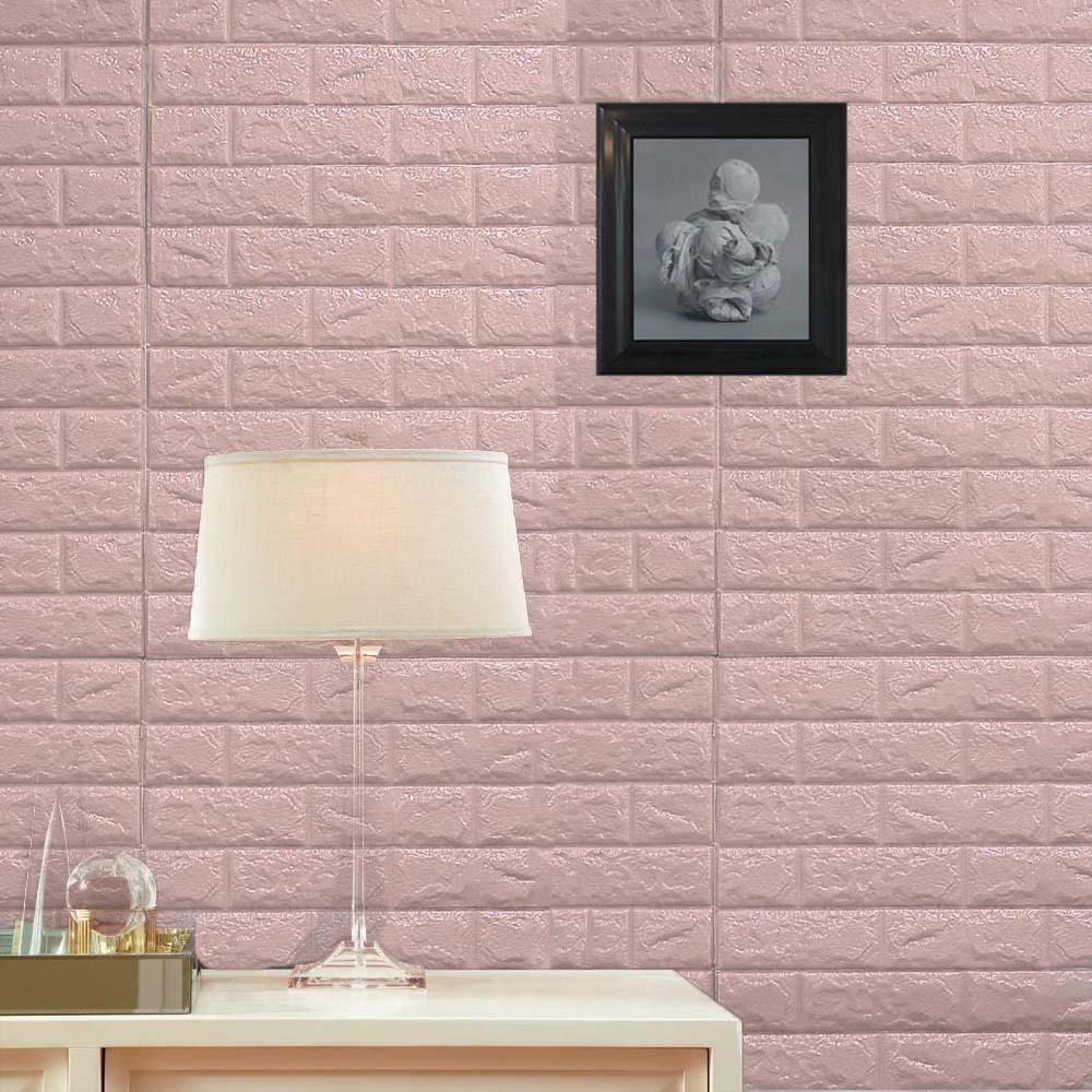 Set 10 Placi Tapet 3D, , 70 x 77 cm, Grosime 3 mm, din Polietilena, Model Caramida, Suprafata acoperita 5.3 mp, Roz - imagine 3