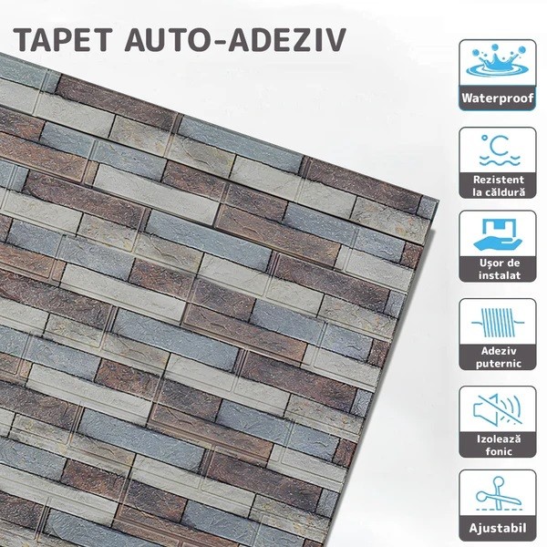 Set 10 Placi Tapet 3D, , 70 x 77 cm, Grosime 3 mm, din Polietilena, Model Caramida, Suprafata acoperita 5.3 mp, Piatra Colorata - imagine 4