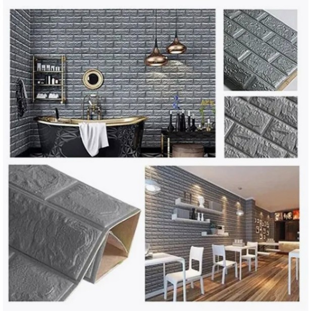 Set 10 Placi de Tapet, , Autoadezive, 70 x 77 cm, 2.5 mm Grosime, Suprafata Acoperita 5.3 mp, din PVC, Model Caramida, Argintiu - imagine 2