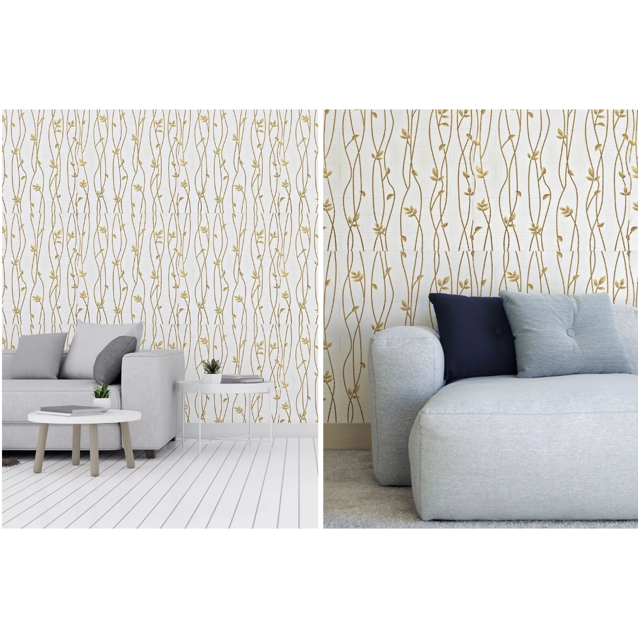 Set 10 Placi de Tapet, , Autoadezive, 70 x 77 cm, Suprafata Acoperita 5.3 mp, din PVC, Model Frunze Aurii, Bej - imagine 2