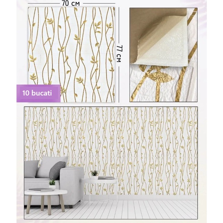 Set 10 Placi de Tapet, , Autoadezive, 70 x 77 cm, Suprafata Acoperita 5.3 mp, din PVC, Model Frunze Aurii, Bej - imagine 4