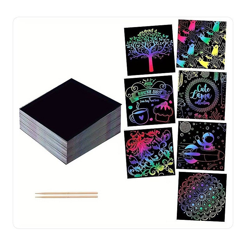 Set 100 de Foi de Hartie de Razuit, , cu Creion din Bambus, pentru Desen, 8.5 x 8.5, Curcubeu, Negru