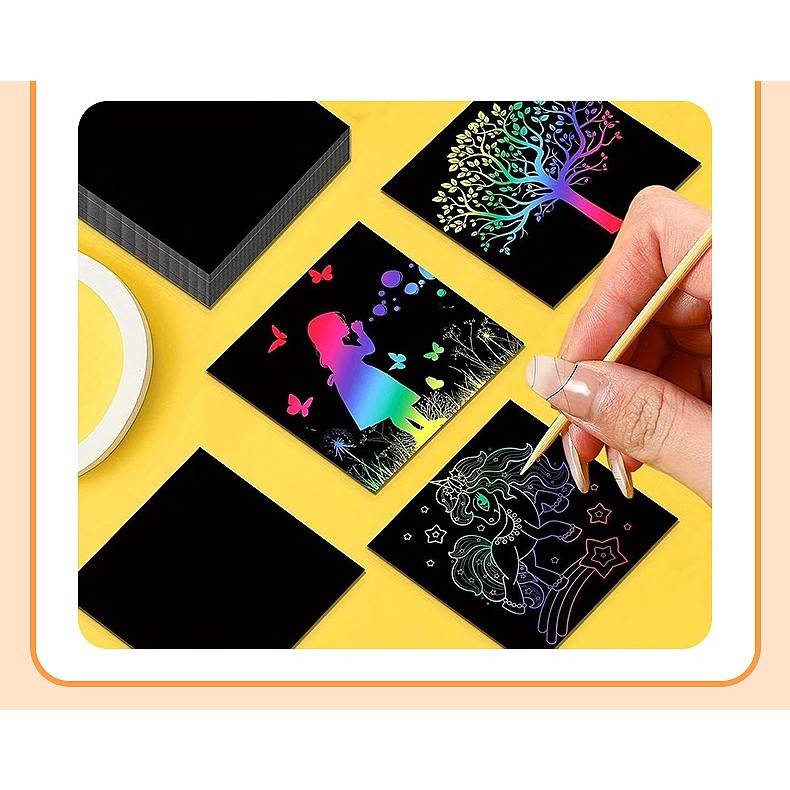 Set 100 de Foi de Hartie de Razuit, , cu Creion din Bambus, pentru Desen, 8.5 x 8.5, Curcubeu, Negru - imagine 4