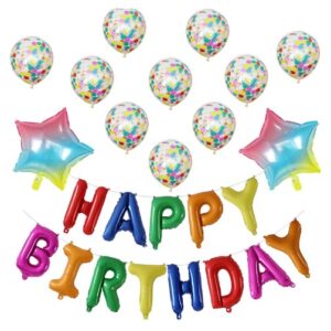 Set 12 Baloane si 1, Set pentru Aniversare, mesaj Happy Birthday, din folie de aluminiu, 30 -45 cm, Cu paiete, latex si folie, Multicolor