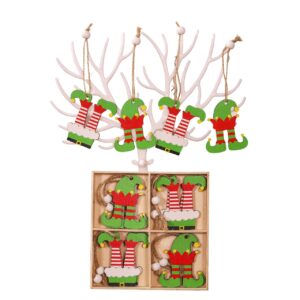 Set 12 Decoratiuni de Craciun din Lemn, , cu Snur pentru Agatare in Brad, Model Caciulite 6.3x5.2 cm si Pantaloni 6.3x6 cm, Multicolor