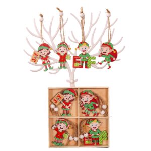 Set 12 Decoratiuni de Craciun din Lemn, , cu Snur pentru Agatare in Brad, Model Elfi Diferite Dimensiuni, 4 Modele, Multicolor