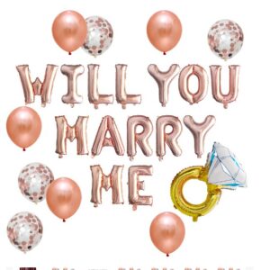 Set baloane decorative WILL YOU MARRY ME, , set din 12 piese, 10 baloane latex, 1 set Marry me, 1 balon folie inel, Rose Gold