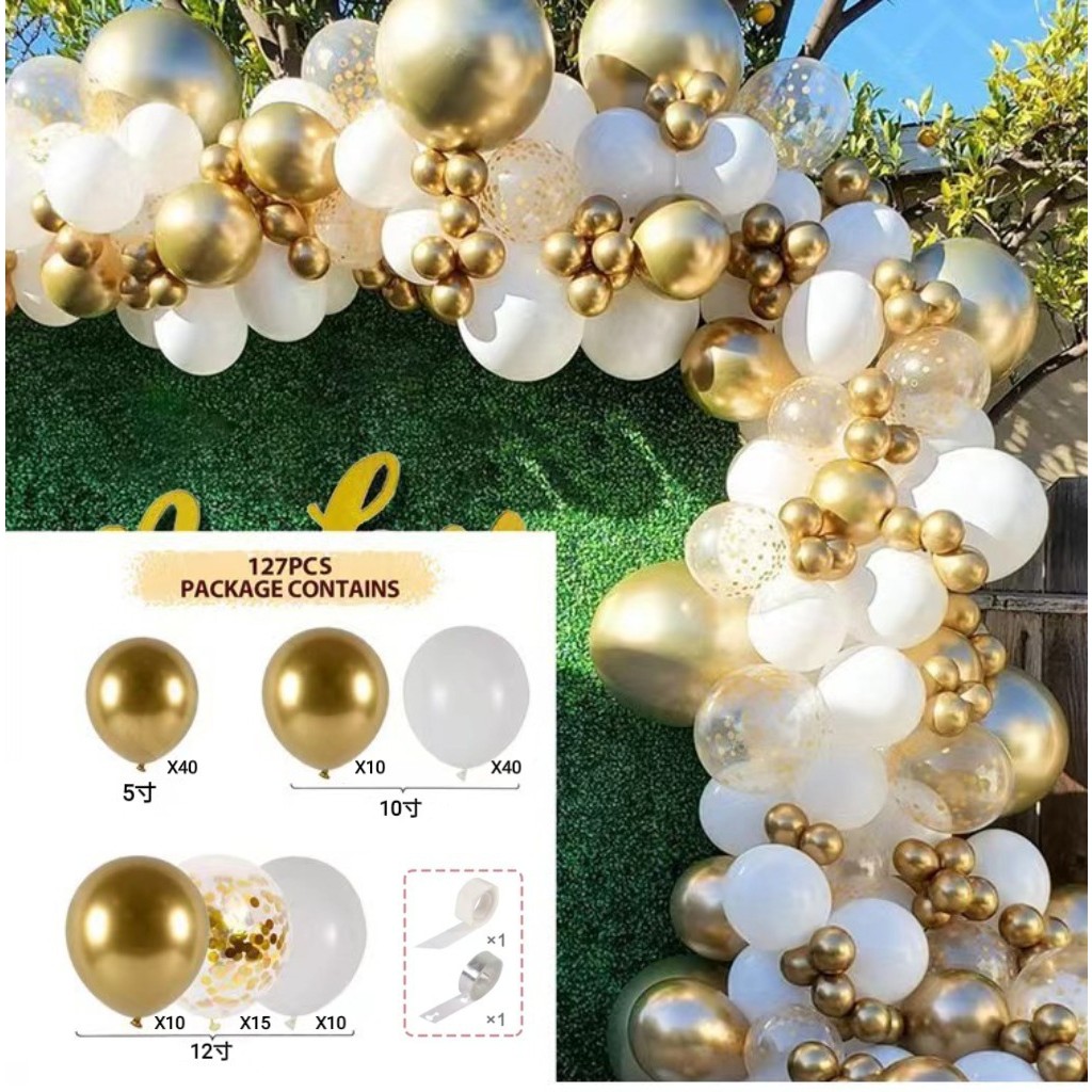 Baloane pentru Arcada decorativa, , Set 127 baloane din Latex, Model Petrecere pentru Arcada, Baloane Party, 12 cm, 25 cm, 30 cm, Alb Gold