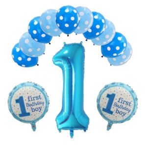 Set 13 baloane, pentru Prima Aniversare, 10 baloane latex, 2 baloane rotunde folie, cifra 1, albastru