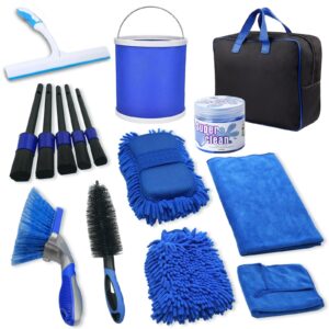 Set 15 Accesorii pentru Curatare Auto, , din PP si Microfibra, Interior/Exterior, 30 x 24 x 12 cm, Albastru/Negru