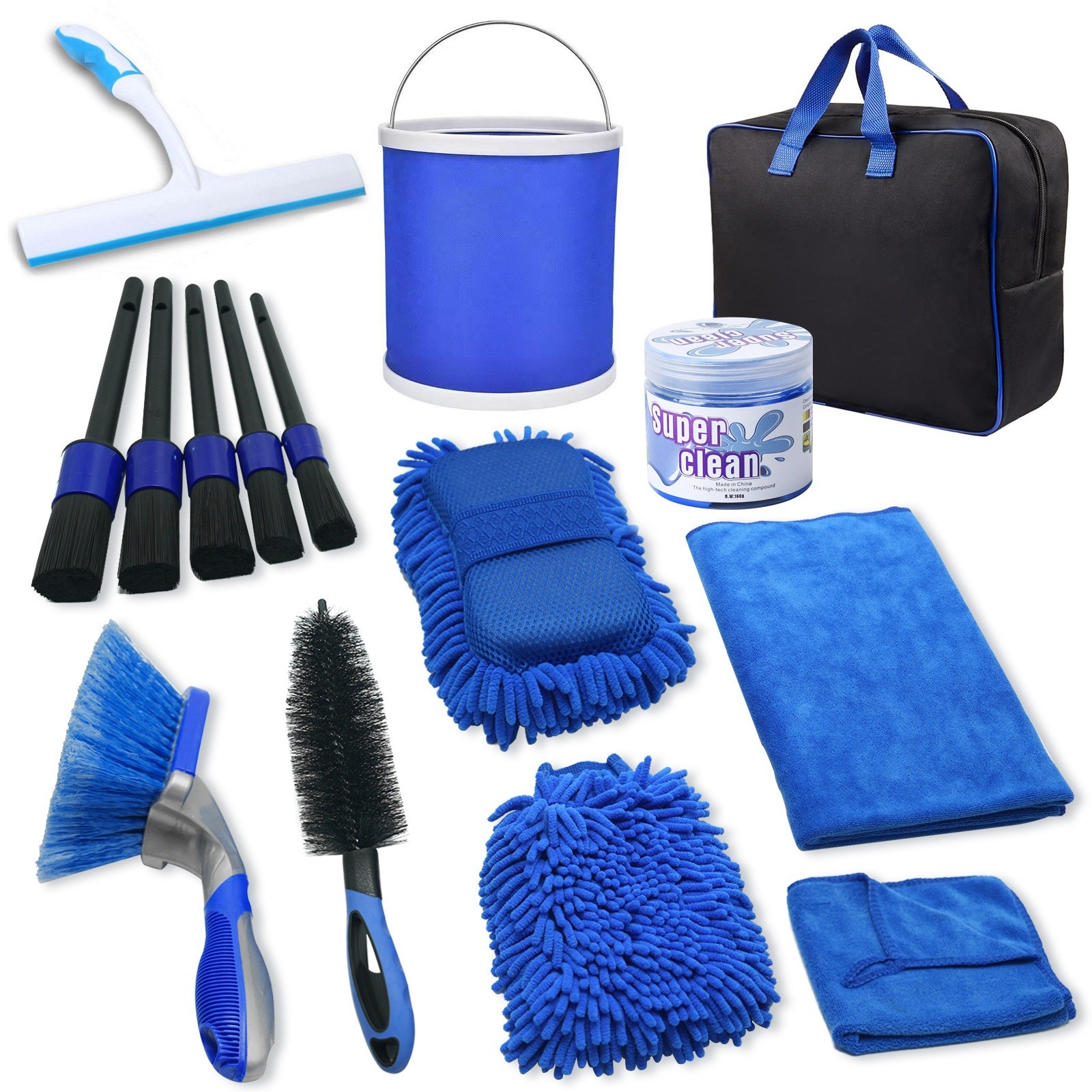 Set 15 Accesorii pentru Curatare Auto, , din PP si Microfibra, Interior/Exterior, 30 x 24 x 12 cm, Albastru/Negru