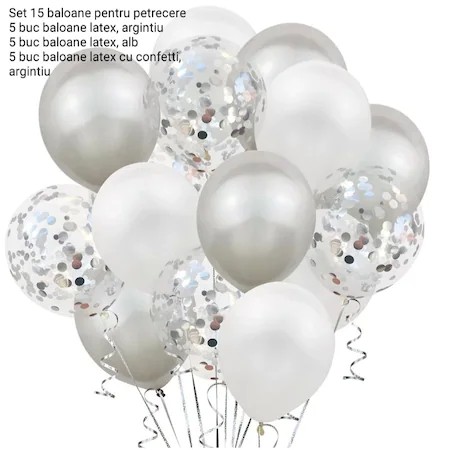 Set 15 baloane pentru petrecere, , alb/argintiu, 30 cm - imagine 4