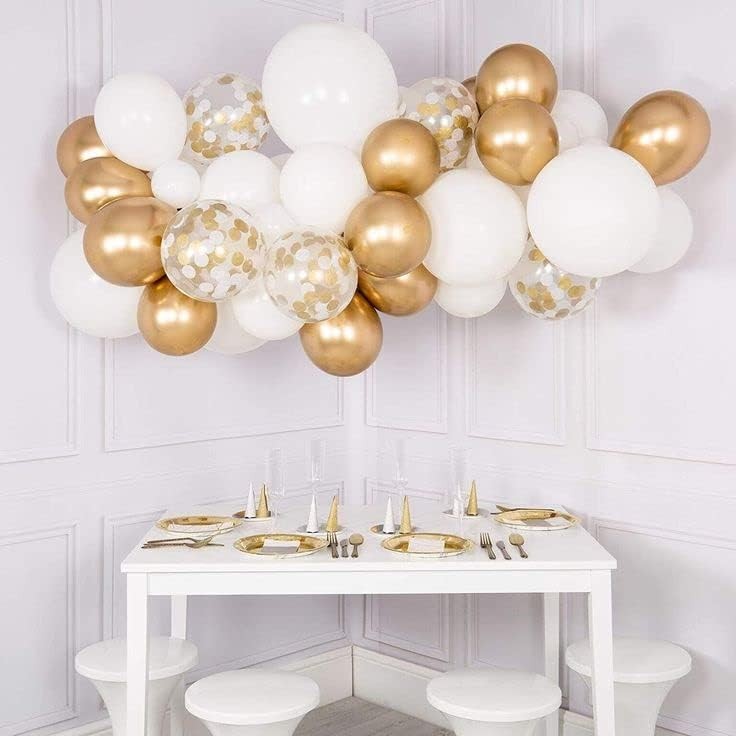Set 16 Baloane din Latex, , Model Party, 30 cm, Alb, Auriu, Transparent Confetti, 2.8 g - imagine 2