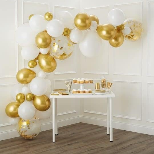 Set 16 Baloane din Latex, , Model Party, 30 cm, Alb, Auriu, Transparent Confetti, 2.8 g - imagine 3