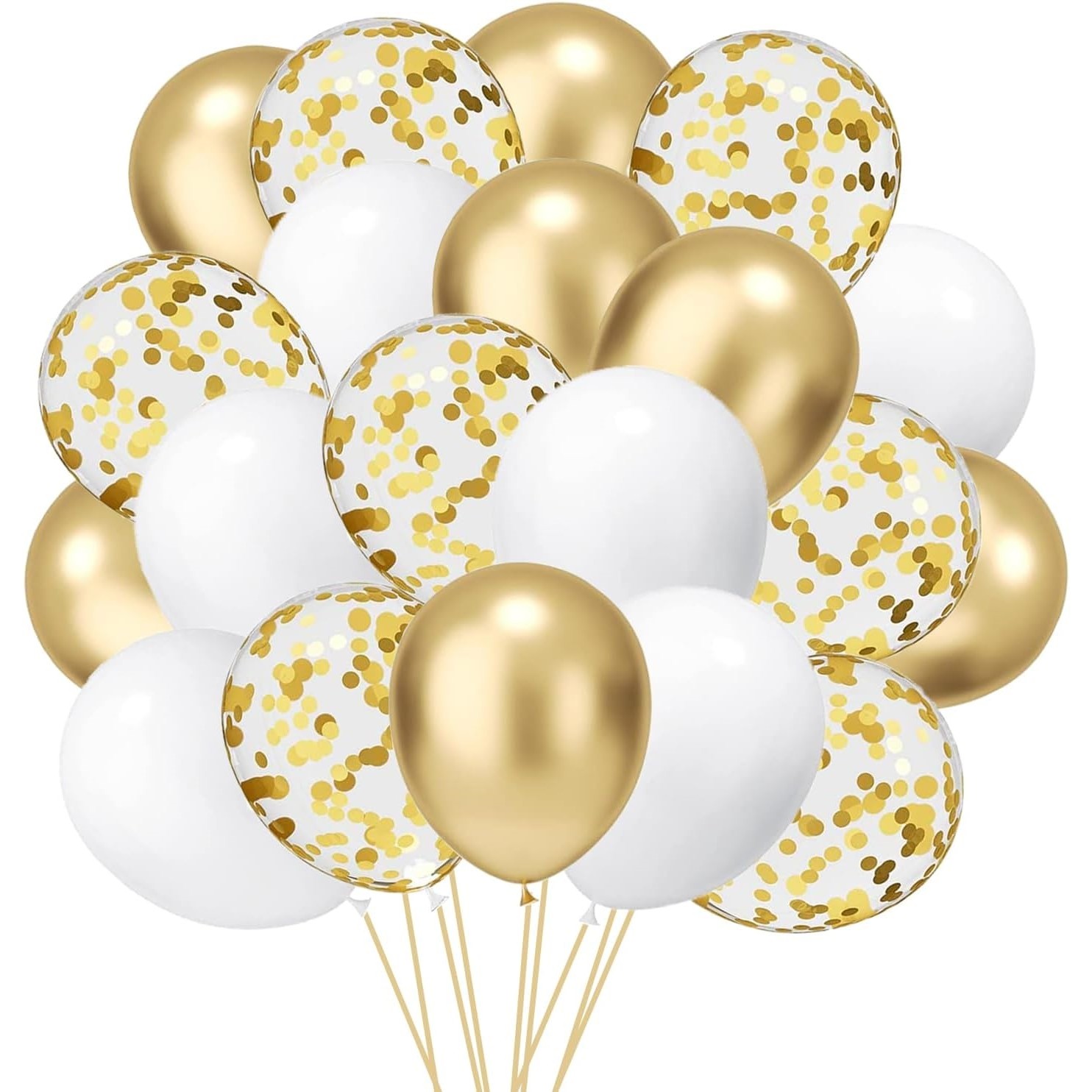Set 16 Baloane din Latex, , Model Party, 30 cm, Alb, Auriu, Transparent Confetti, 2.8 g