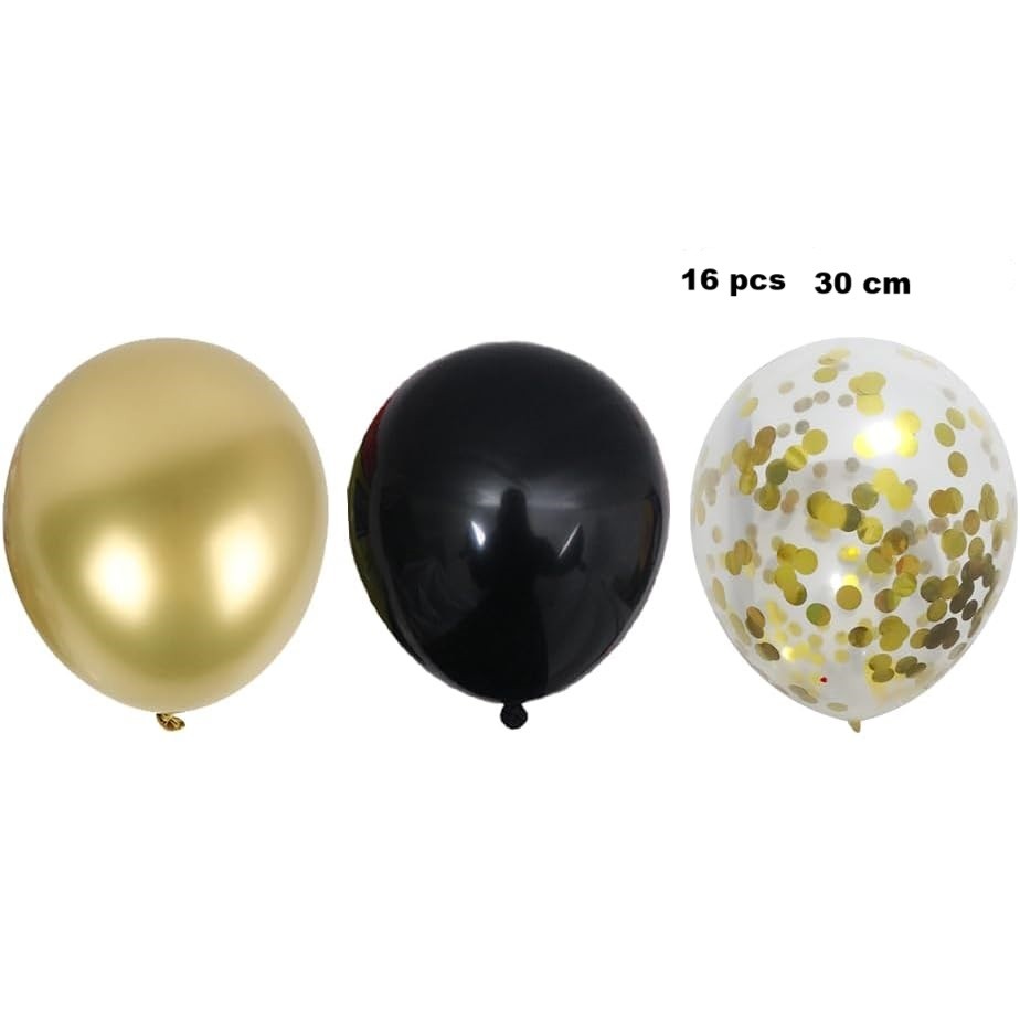 Set 16 Baloane din Latex, , Model Party, 30 cm, Auriu, Negru, Confetti, 2.8 g - imagine 2