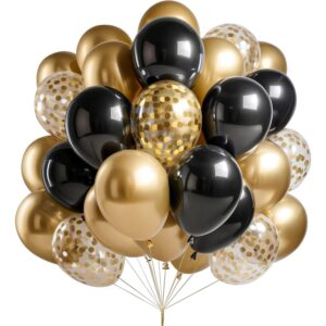 Set 16 Baloane din Latex, , Model Party, 30 cm, Auriu, Negru, Confetti, 2.8 g