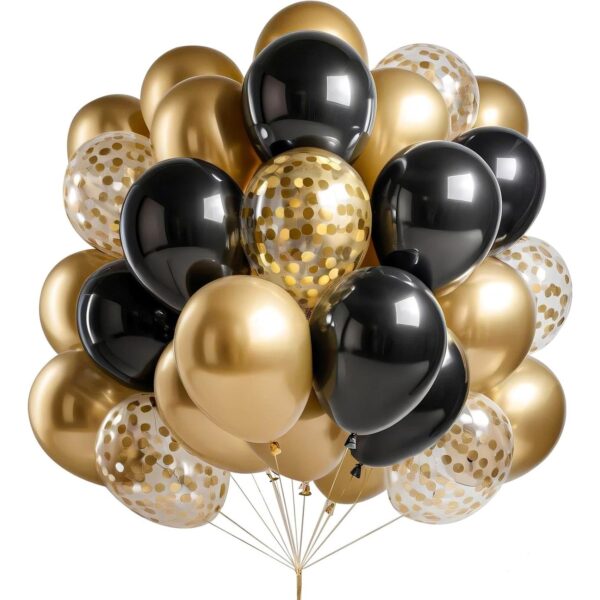 Set 16 Baloane din Latex, , Model Party, 30 cm, Auriu, Negru, Confetti, 2.8 g