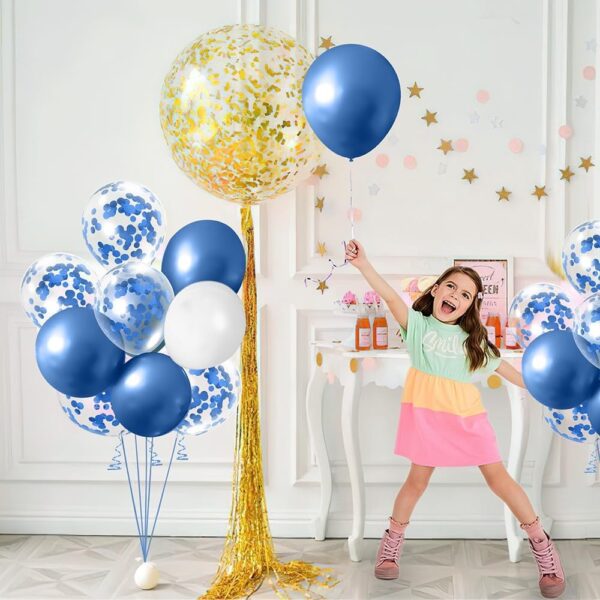 Set 16 Baloane din Latex Metalizate, , Model Party, 30 cm, Alb, Albastru, Albastru Chrome, Transparent Confetti 2.8 g - imagine 2