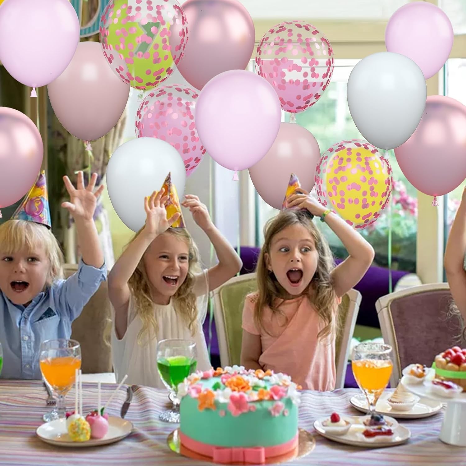 Set 16 Baloane din Latex Metalizate, , Model Party, 30 cm, Alb, Roz, Roz Chrome, Transparent Confetti 2.8 g - imagine 2