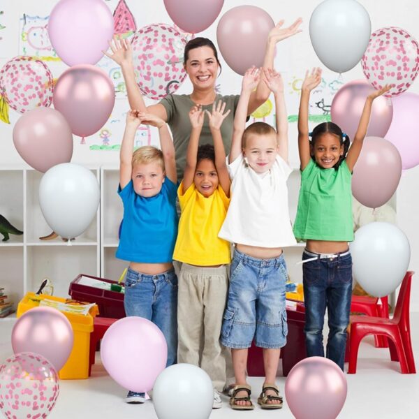 Set 16 Baloane din Latex Metalizate, , Model Party, 30 cm, Alb, Roz, Roz Chrome, Transparent Confetti 2.8 g - imagine 3
