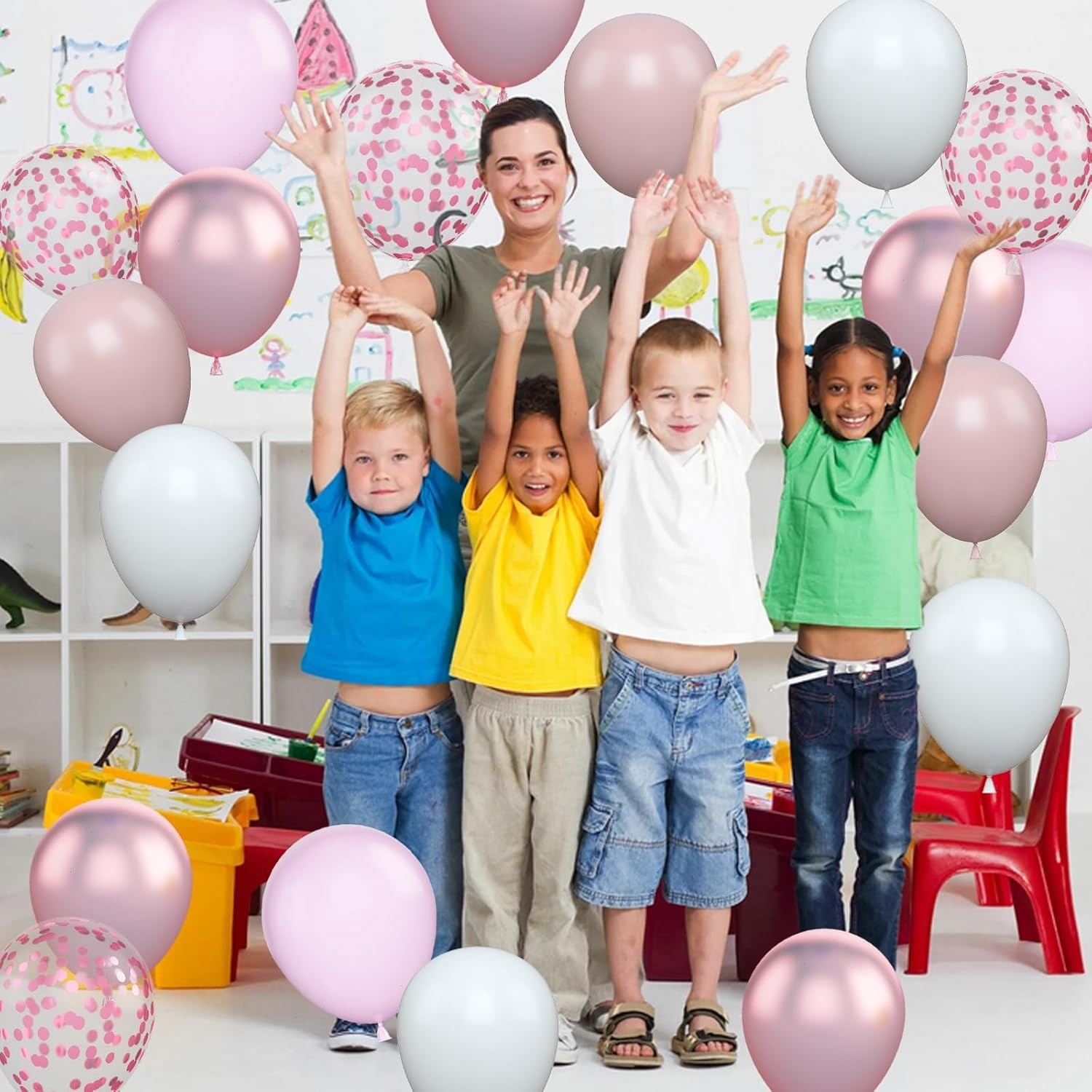 Set 16 Baloane din Latex Metalizate, , Model Party, 30 cm, Alb, Roz, Roz Chrome, Transparent Confetti 2.8 g - imagine 3