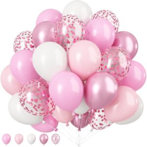 Set 16 Baloane din Latex Metalizate, , Model Party, 30 cm, Alb, Roz, Roz Chrome, Transparent Confetti 2.8 g